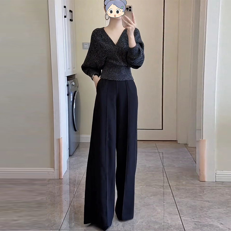 气质轻熟风减龄套装女春秋洋气宽松显瘦短款针织上衣+高腰直筒裤