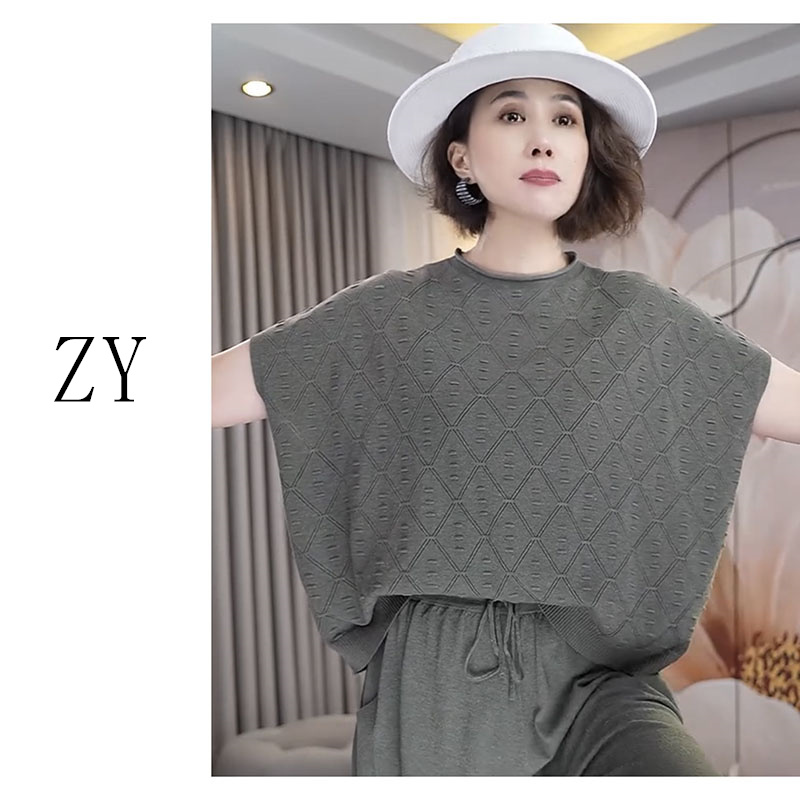 夏季原创圆领短袖宽松斗篷式休闲风纯色灰色短款百搭气质针织上衣