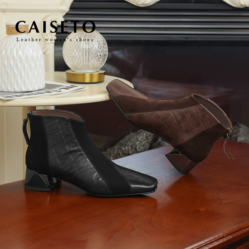 头层牛皮/3.5cm秋冬新款粗跟真皮复古百搭时尚气质拼接短靴24X057