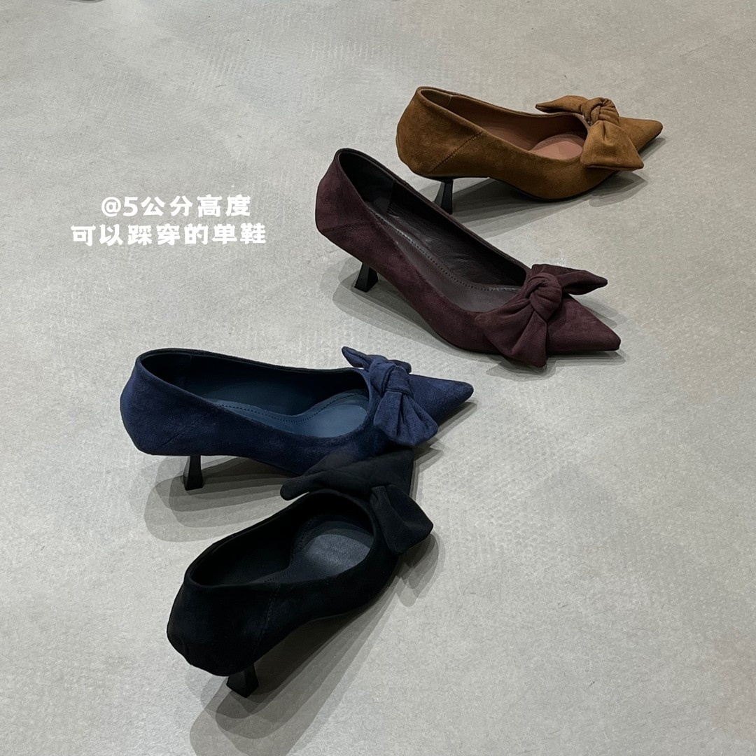 2025秋季新款尖头绒面蝴蝶结复古高跟鞋女时尚百搭细跟通勤单鞋