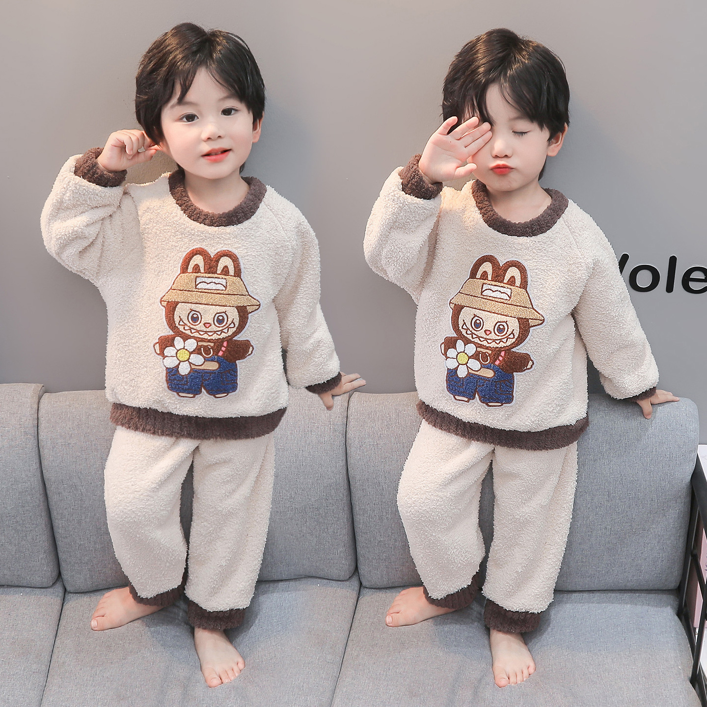 儿童睡衣秋冬季加厚珊瑚绒男童法兰绒加绒保暖家居服套装宝宝睡衣