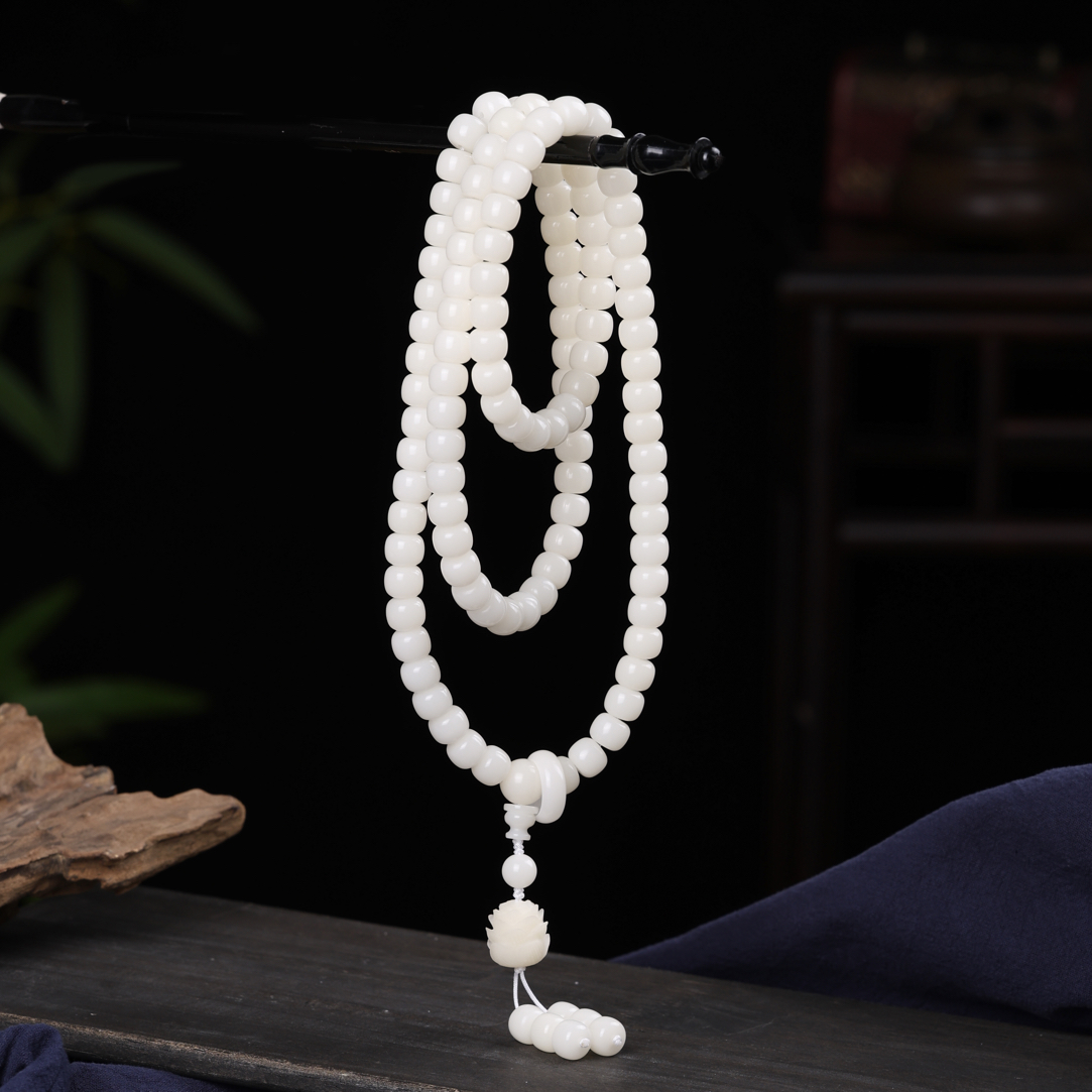 精品原生白玉菩提根菩提手串108颗跑环白莲花吊坠脖挂