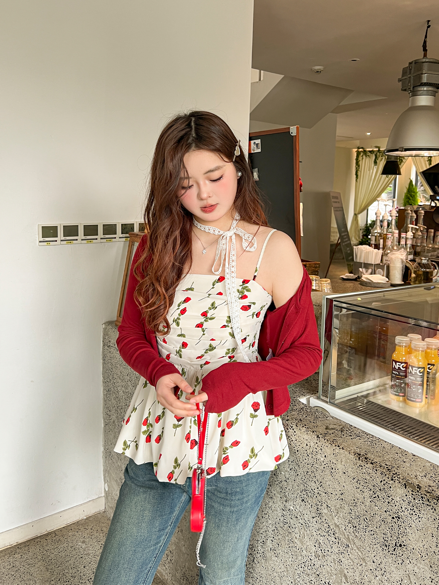 大码百分百春夏显瘦时尚碎花收腰针织衫/吊带裙套装女0622