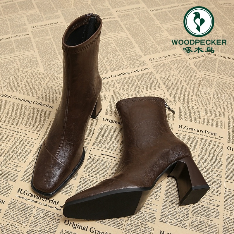 啄木鸟法式高跟棕色靴子2025爆款复古美拉德瘦瘦靴高级感秋冬短靴