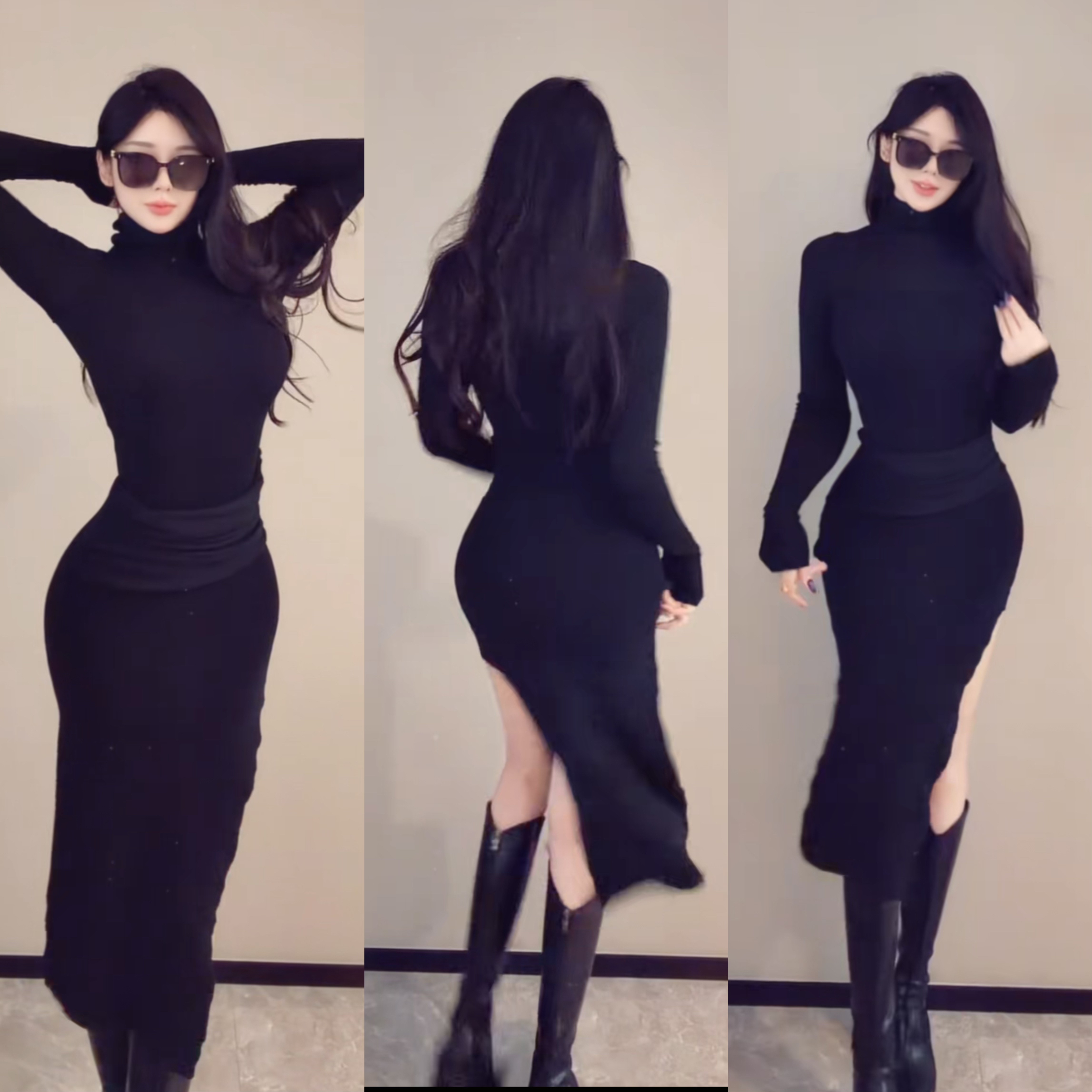 【琉璃佳人】高领网纱拼接针织连衣裙女秋季高腰修身显瘦开叉包臀裙