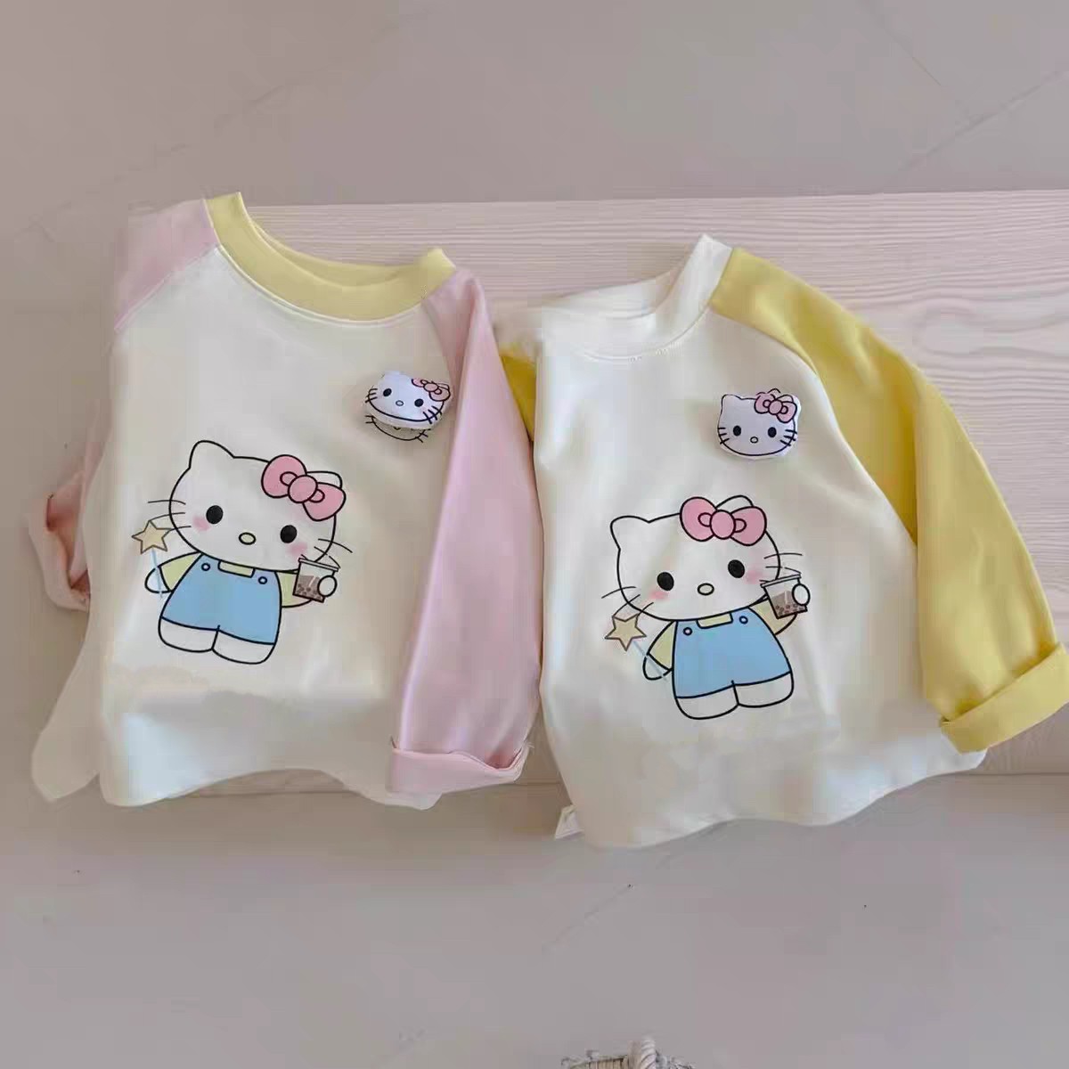 小女孩长袖秋季卡通萌娃猫咪印花打底衫2025新款童装拼色长袖T恤