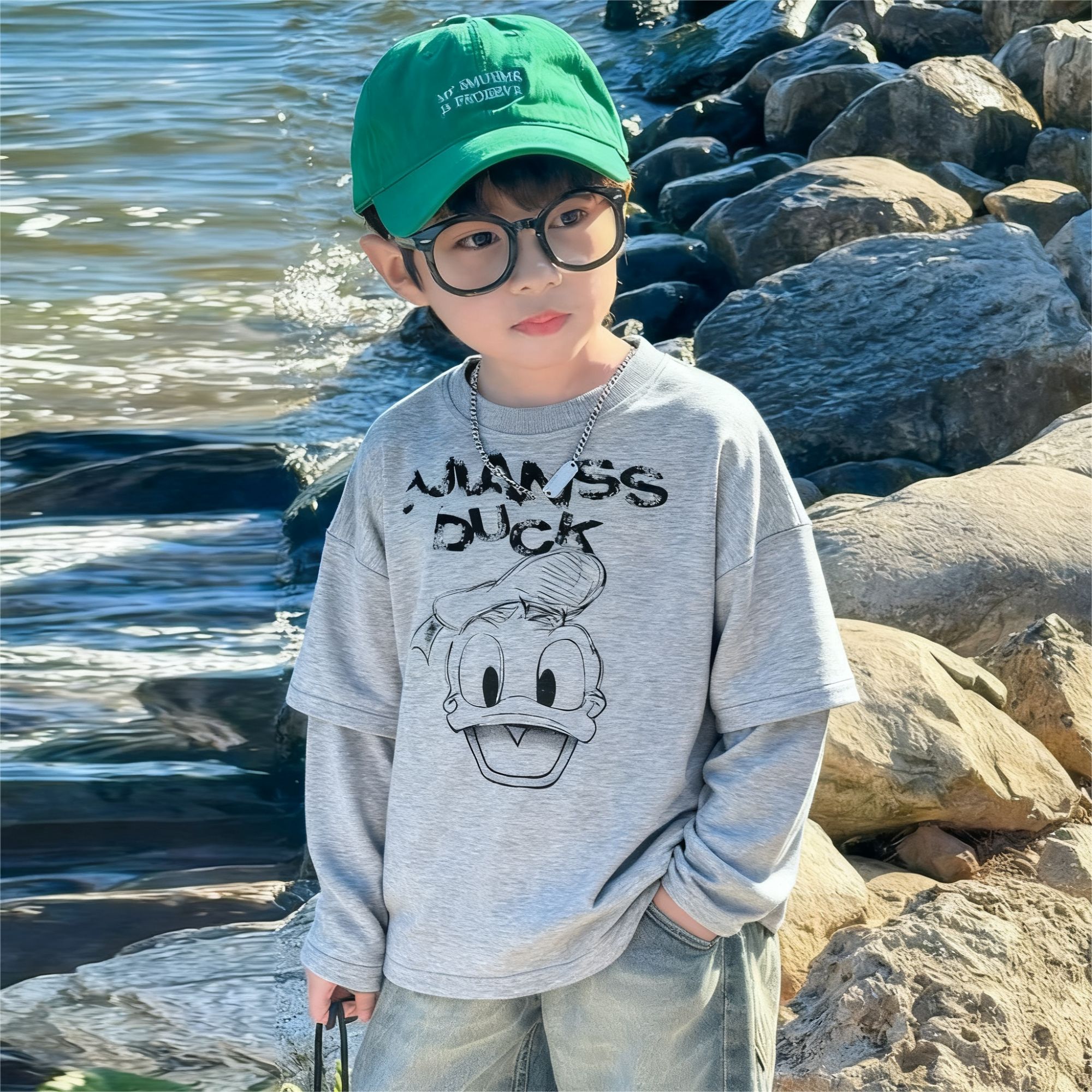 纯棉上衣2025秋季韩系假两件拼接T恤韩系卡通素描可爱男女童打底t