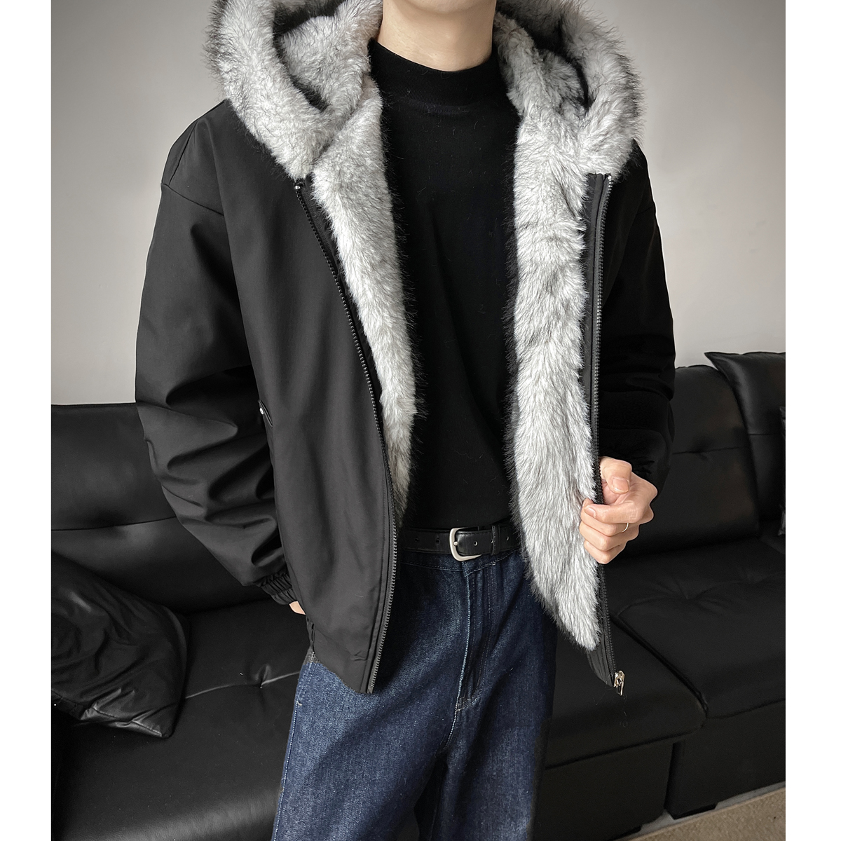 美式高街狼毛座山雕外套棉服男女冬季加绒加厚毛领连帽派克服棉衣