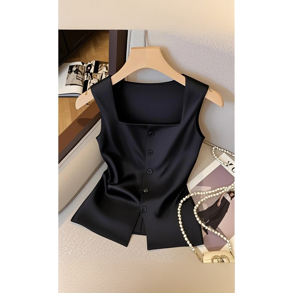 法式小香风方领纽扣缎面无袖背心吊带女夏季新款时尚百搭黑色衬衫