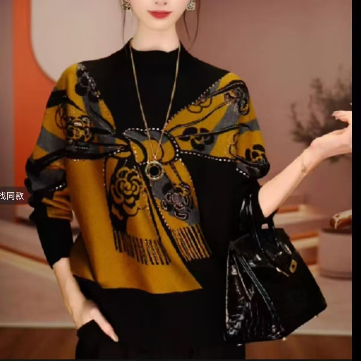 女士打底衫气质时尚烫钻提花针织衫秋冬新款宽松显瘦保暖长袖毛衣