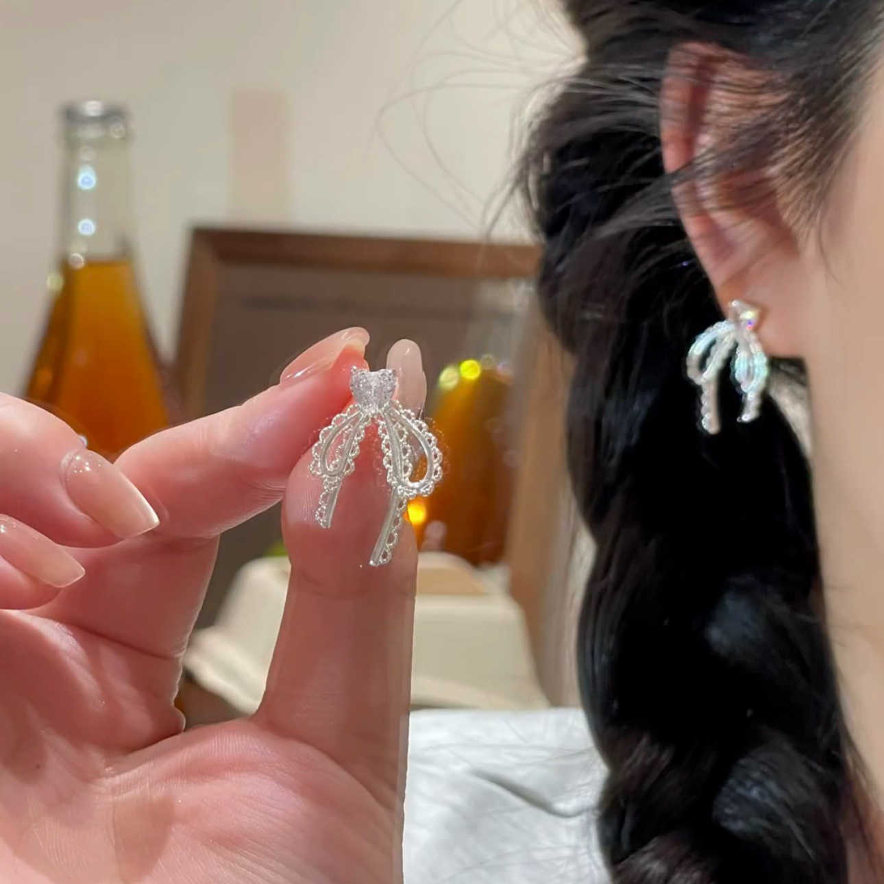 铜合金耳饰 法式复古蕾丝蝴蝶结爱心耳钉小众设计轻奢高级感耳饰