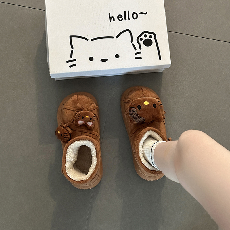 时尚卡通小猫加绒保暖雪地靴女2025冬季新系带蝴蝶结厚底面包棉鞋