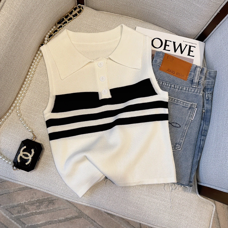 爆款法式POLO领条纹针织背心女夏季小香风修身显瘦气质减龄上衣