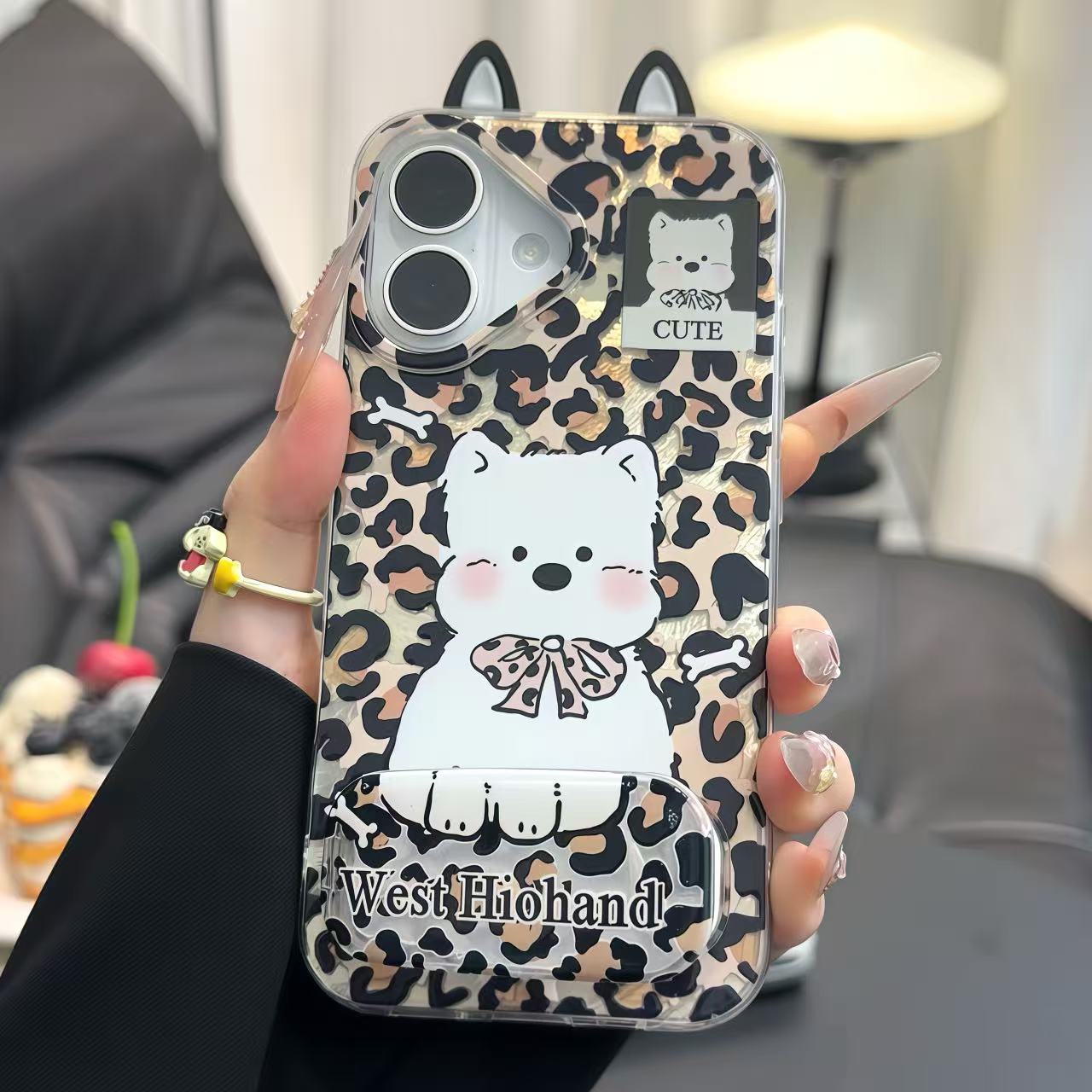 豹纹cute小狗耳朵支架适用苹果16手机壳iPhone14华为vivo小米oppo