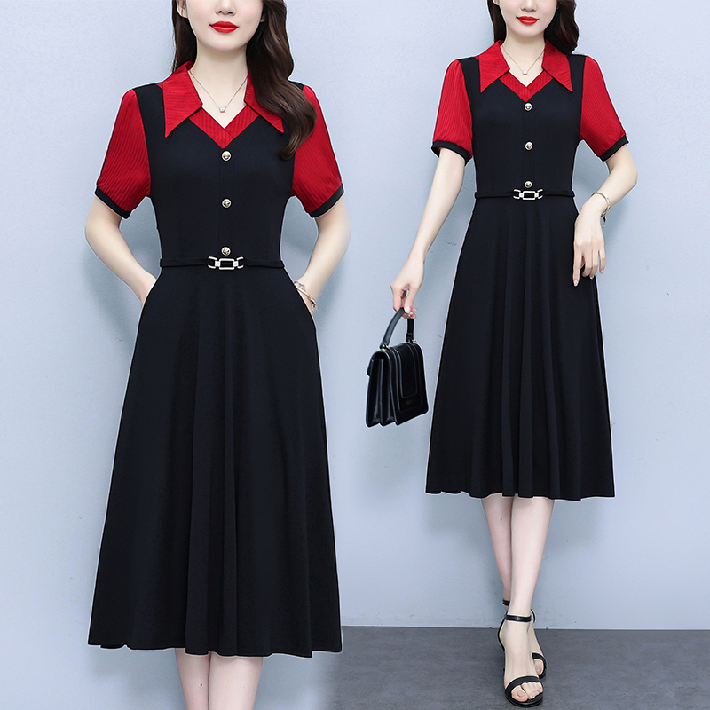 高端气质修身中长款撞色裙子大码女装夏季新款妈妈装短袖连衣裙