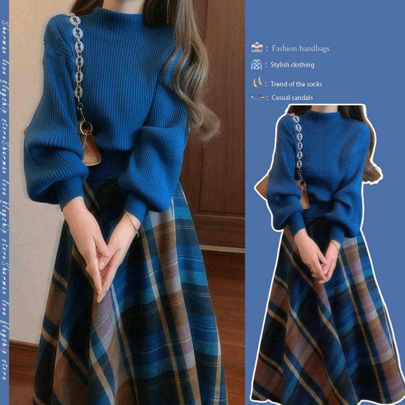 梨型身材显瘦套装女秋季时尚洋气针织毛衣炸街格子半身裙两件套