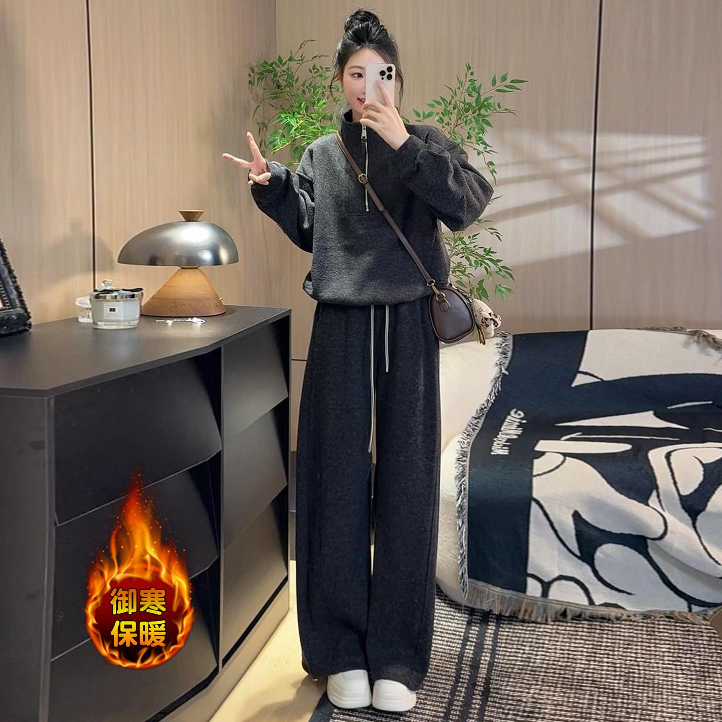 时尚宽松休闲加绒加厚半拉链卫衣阔腿裤马甲三件套女冬季新款时尚