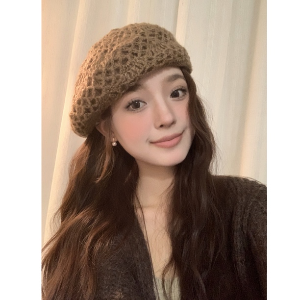 钩针镂空贝雷帽子女秋冬季手工针织帽文艺百搭画家帽女款毛线帽