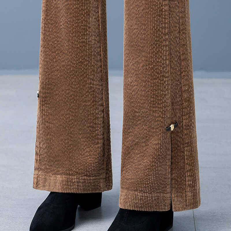 拉夏贝尔灯芯绒微喇裤女秋冬季设计感小众咖色垂感开叉条绒女裤子