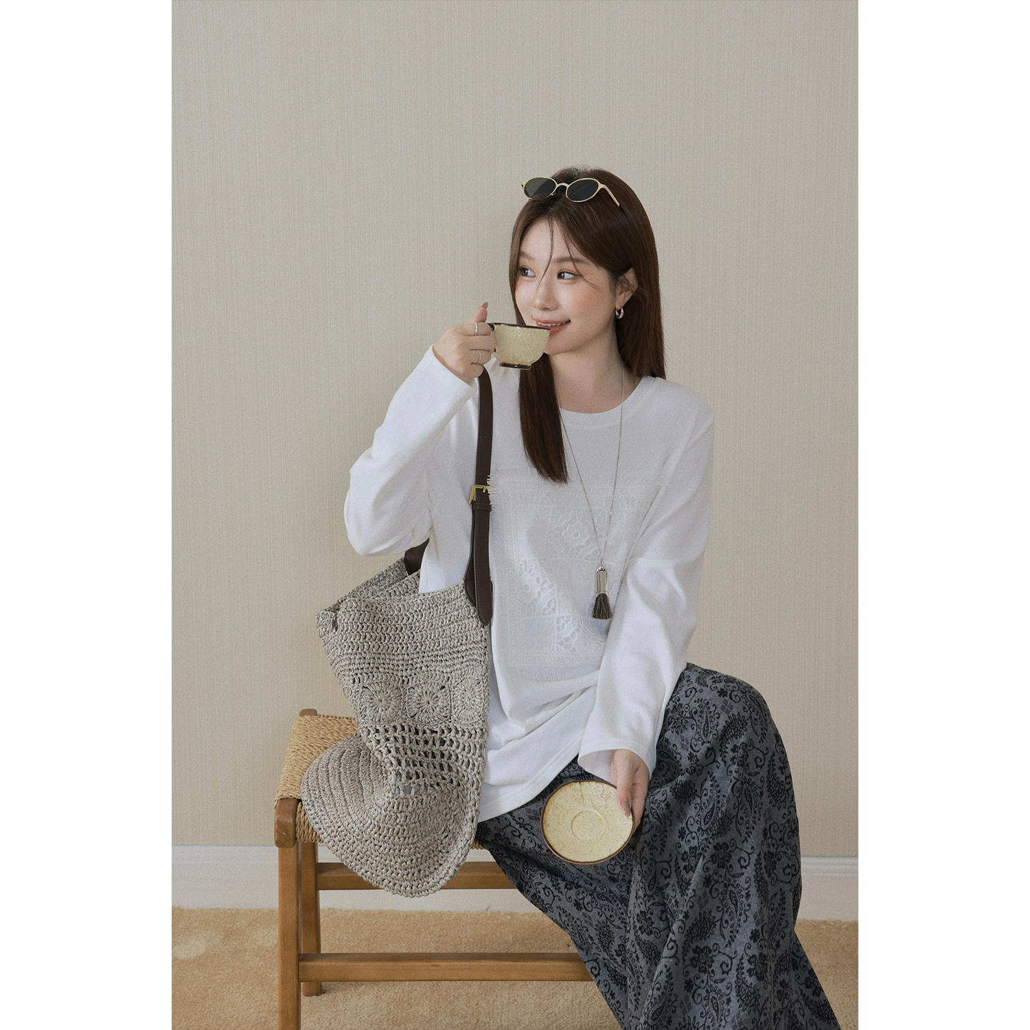 现货大婉酱微胖定制韩系圆领蕾丝拼接长袖T恤女秋季宽松上衣2524D