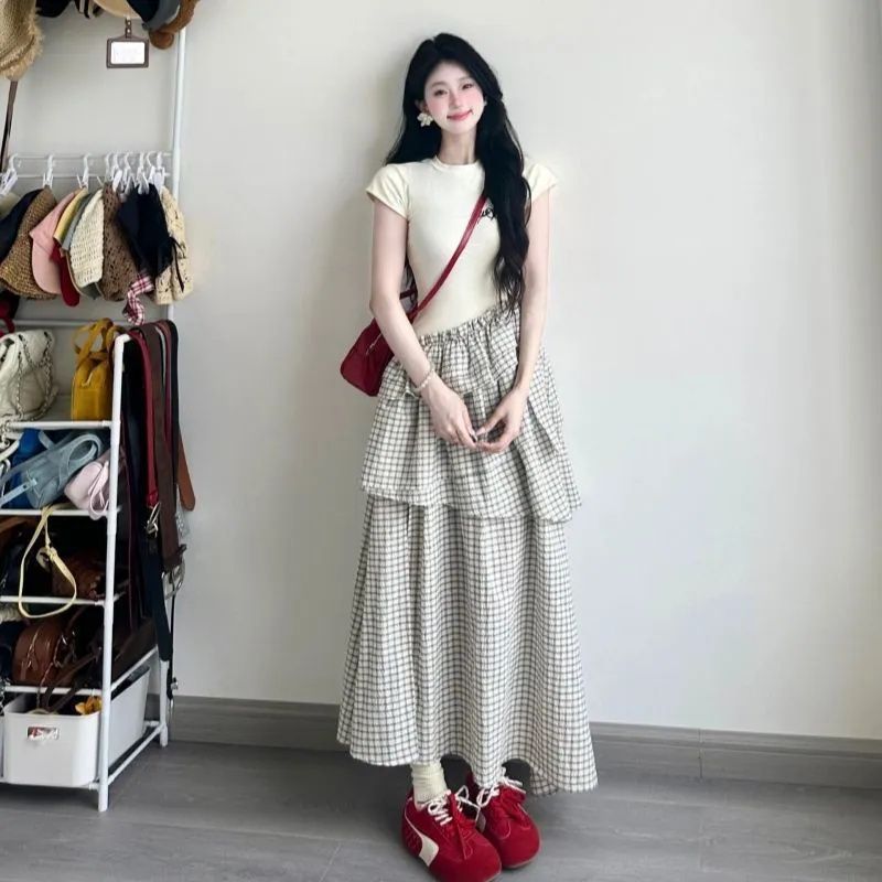 韩版通勤风甜美气质假两件拼接设计感格子不规则裙摆长款连衣裙女