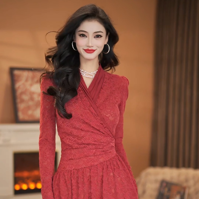 【于一】花容月貌 秋冬新款V领长袖纯色修身连衣裙-HZ1215