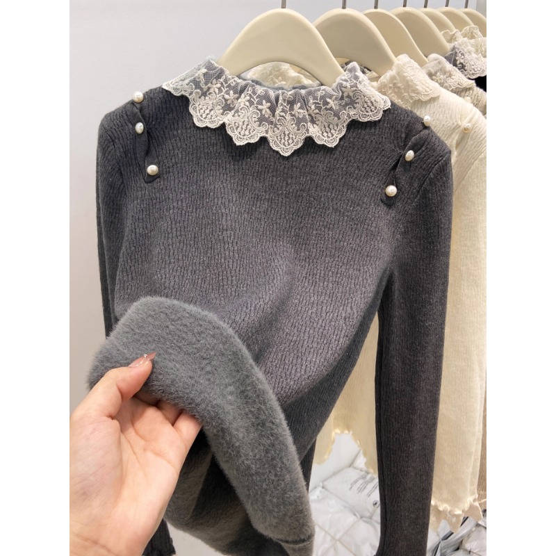 法式钉珠蕾丝拼接半高领长袖针织衫女加绒加厚秋冬内搭打底衫上衣