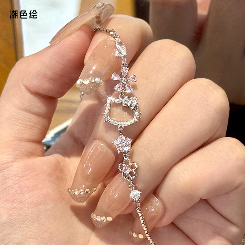 潮色绘 925银合成锆石手链 Kitty桃花手链轻奢小众送女友七夕礼物