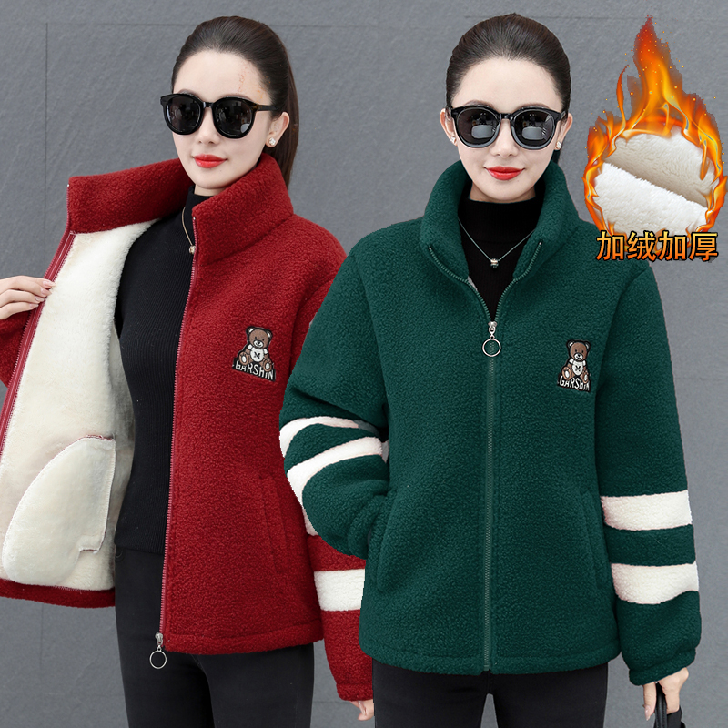 秋冬装加绒加厚一体绒外套休闲减龄洋气纯色颗粒绒上衣保暖厚棉衣