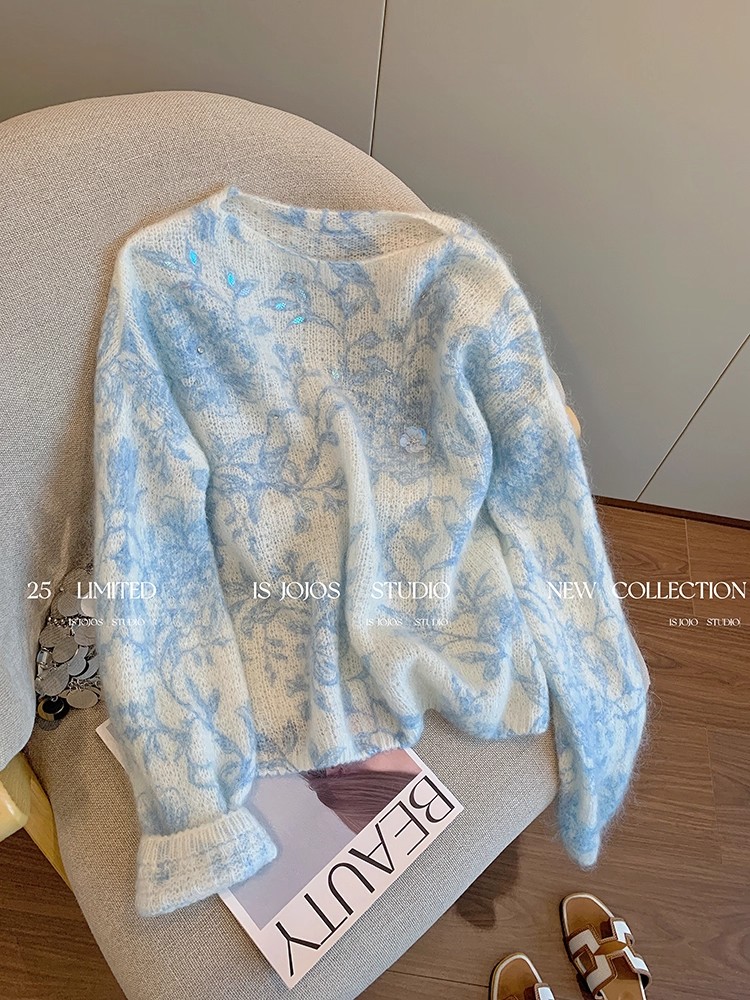 法式蓝色钉珠印花圆领套头毛衣女2025秋季慵懒气质宽松软糯针织衫