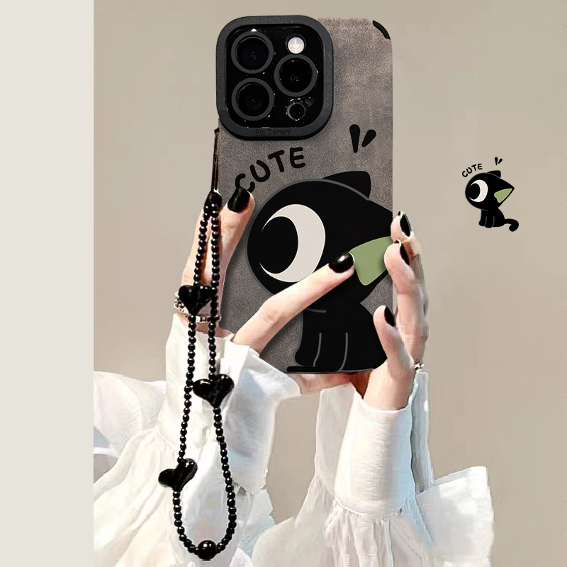 大眼罗小黑适用于苹果15华为vivo/oppo小米iPhone16翻毛皮手机壳