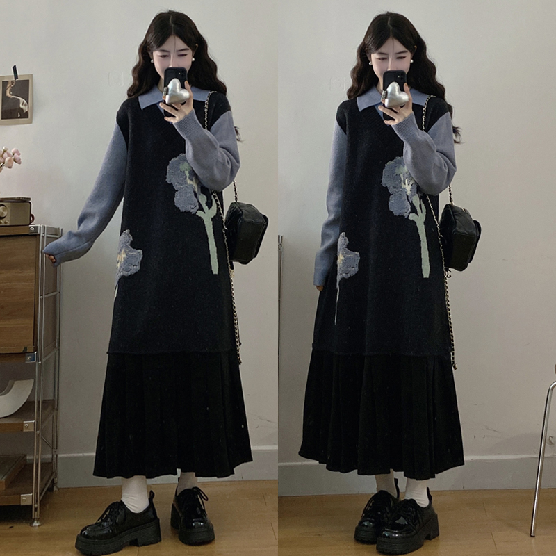 大码胖mm秋冬新款韩版假两件针织提花长款毛衣百褶裙连衣裙女