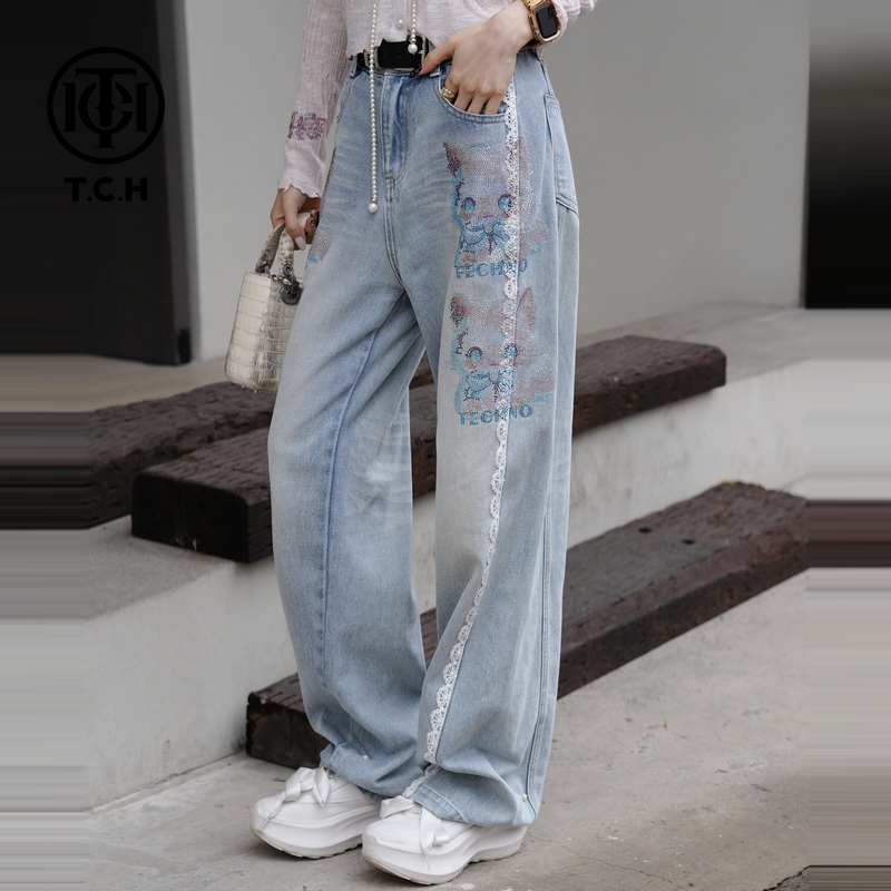 TCH现货私服烫钻小猫咪经典百搭高级牛仔裤女T75A20E5040轻奢tch