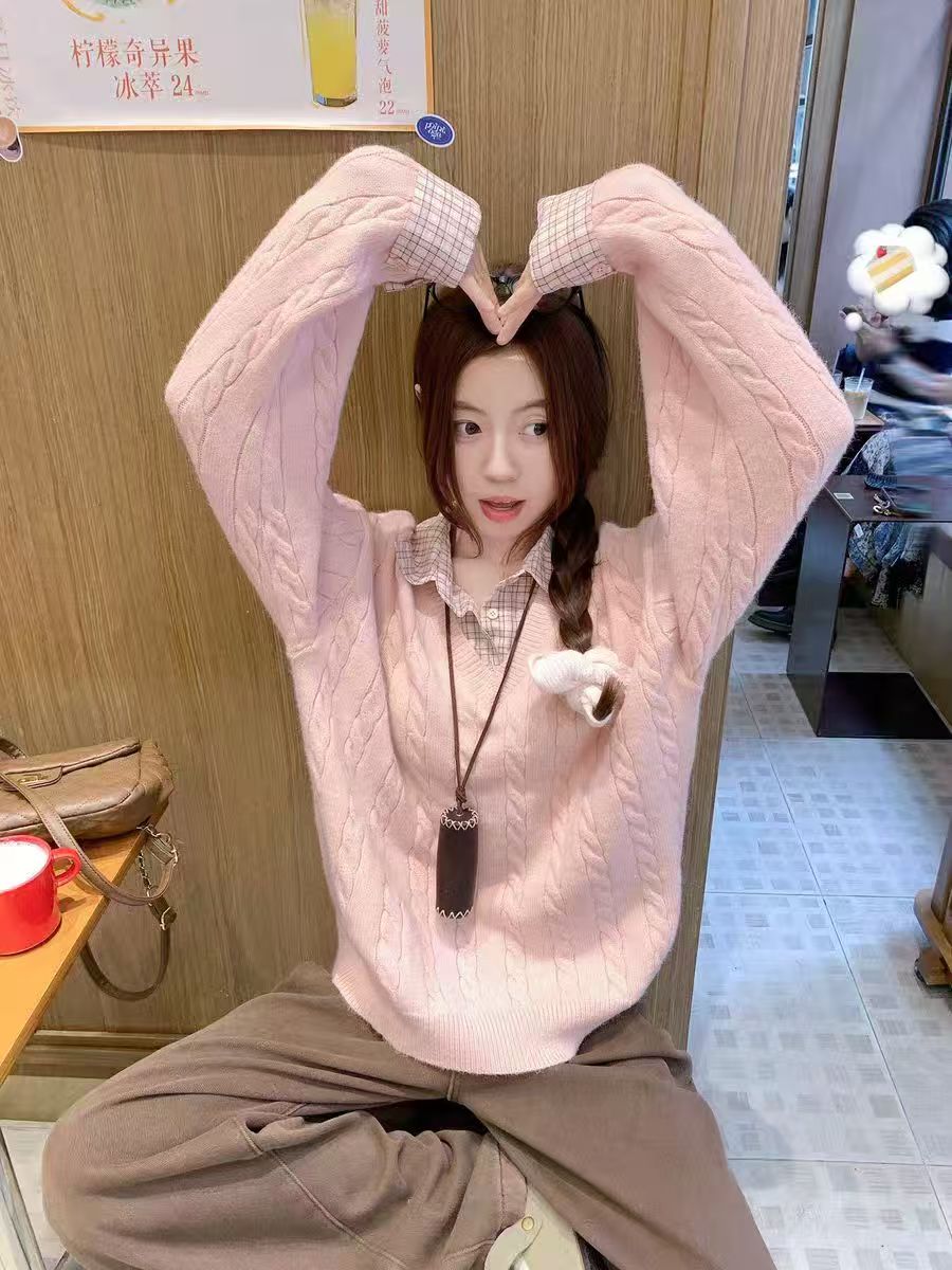 韩系粉色假两件毛衣女2025秋冬新款polo领衬衫拼接内搭针织衫上衣