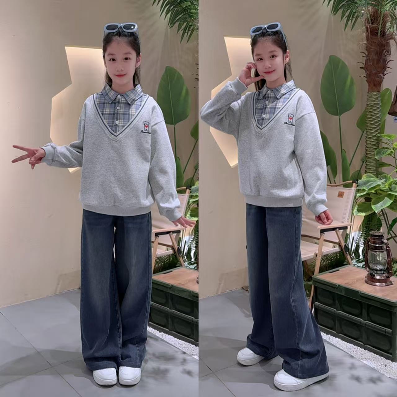 女童卫衣春秋秋装套装儿童格子翻领卫衣牛仔裤中大通阔腿裤套装