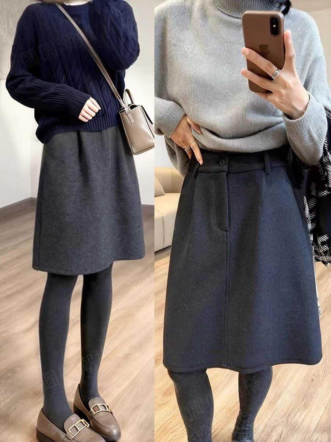 藏肉花苞中裙 半身裙加厚高腰简约通勤短裙秋冬毛呢裙