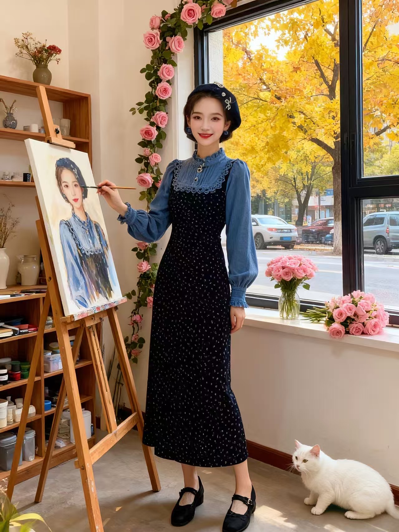 【运补6】676-6#法式温柔风收腰显瘦假两件拼接长袖碎花连衣裙女