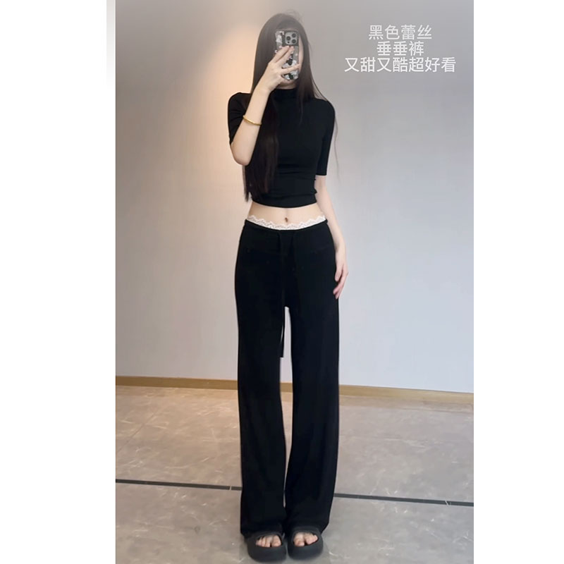 早秋辣妹 花边蕾丝垂垂裤 宽松直筒高腰休闲裤 177