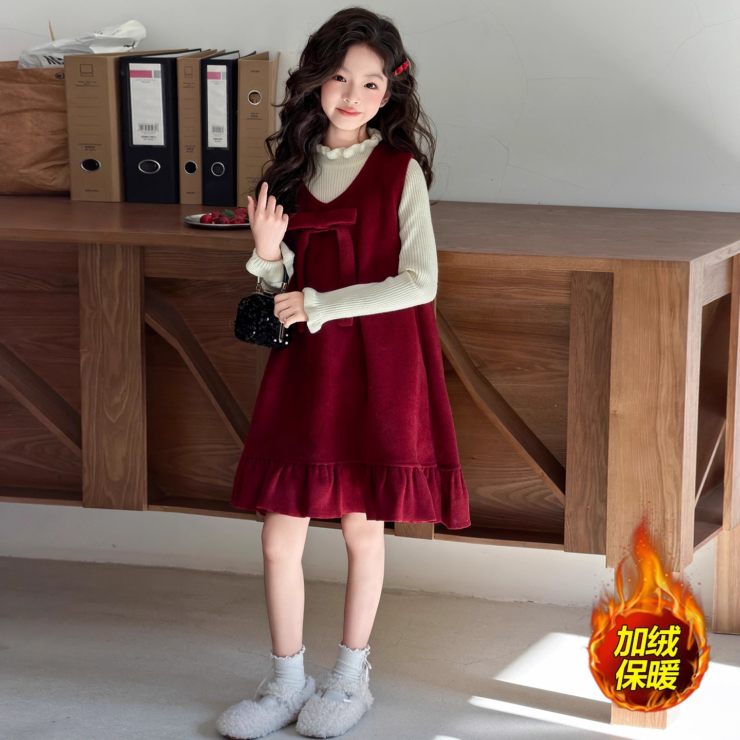 女童连衣裙红色加绒儿童拜年服背心裙套装女孩新年喜庆衣服中大童