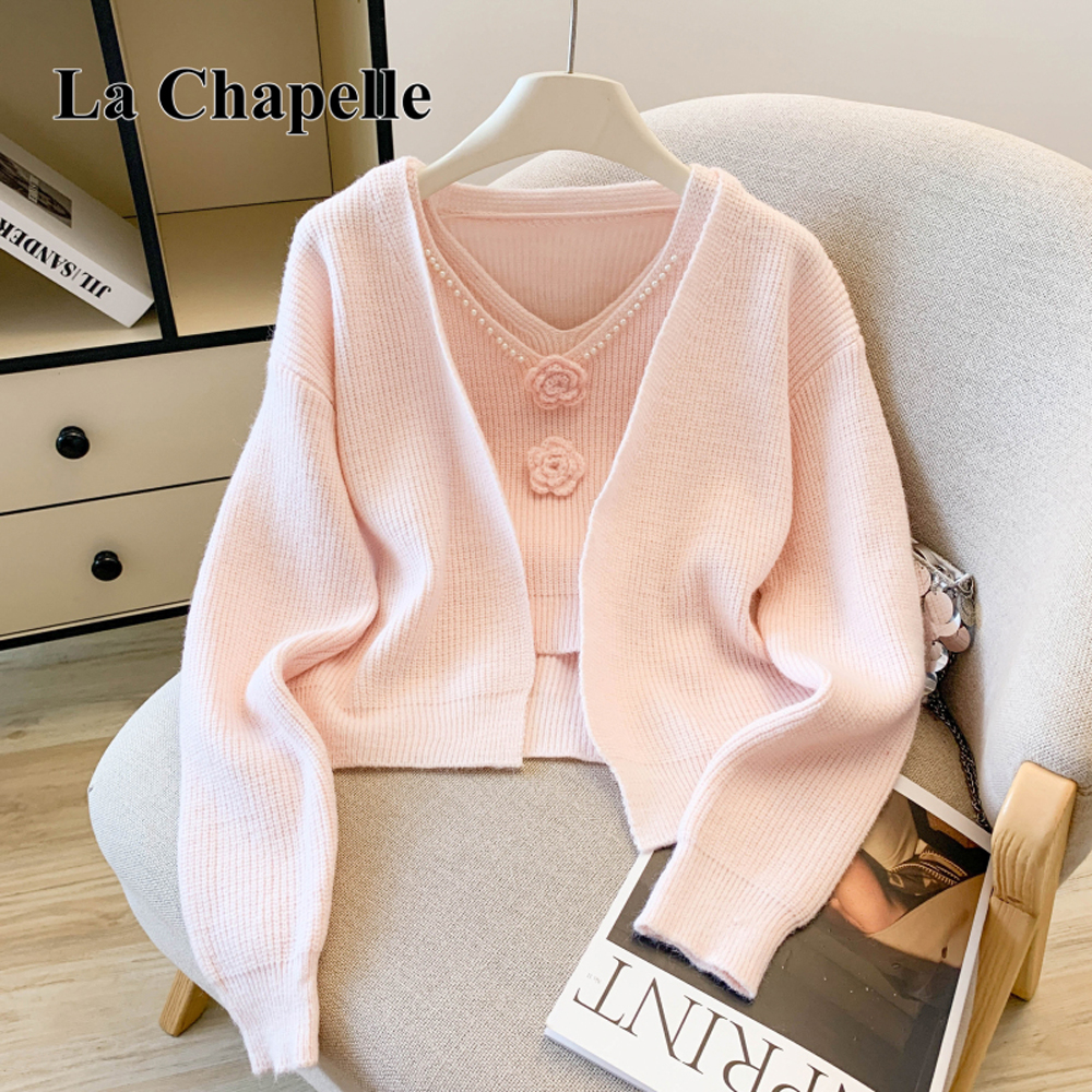 拉夏贝尔韩版甜美立体花朵重工钉珠毛衣女小众百搭漂亮针织开衫女