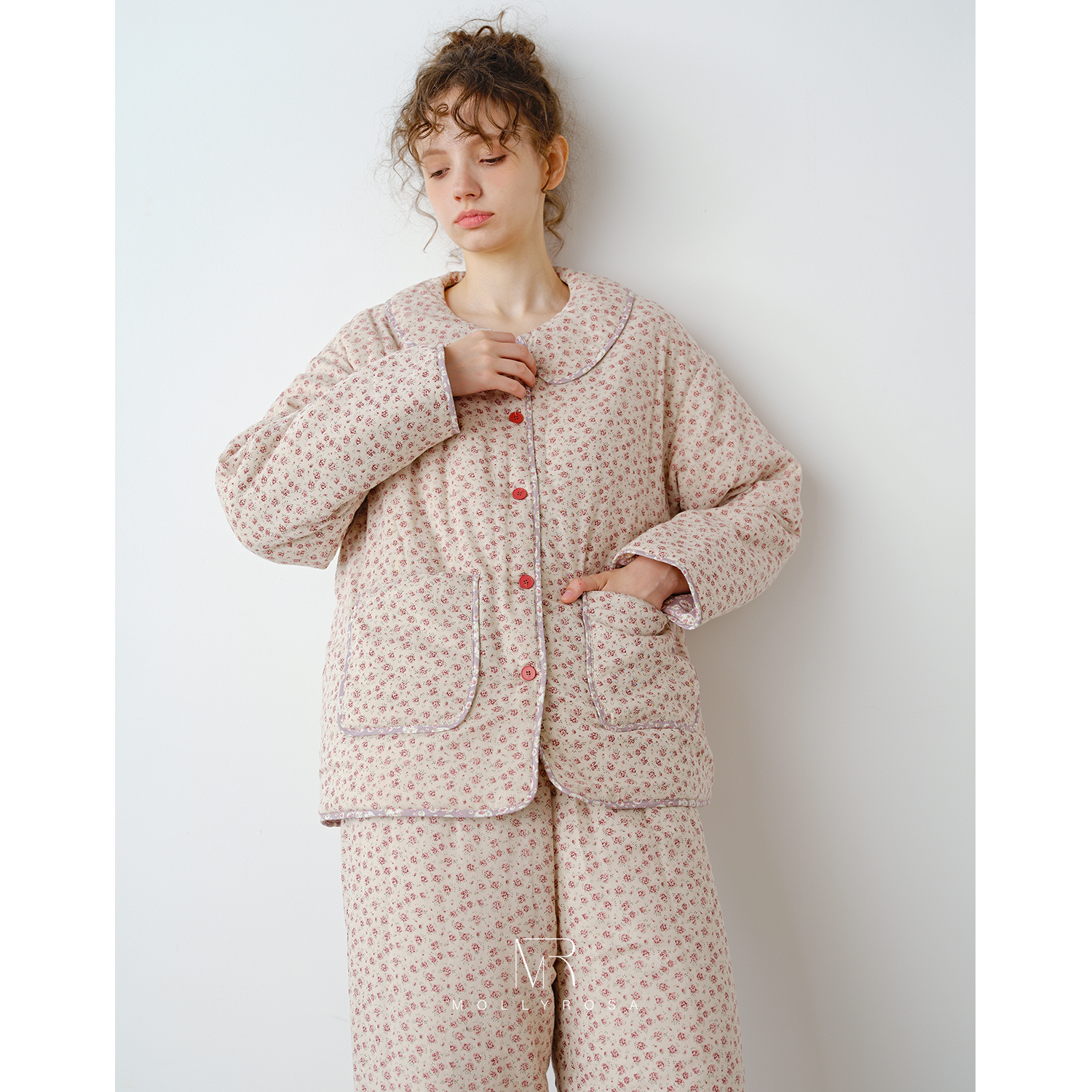 碎花影·纯棉微甜粉夹棉娃娃领家居服少女秋冬保暖睡衣清新可外穿