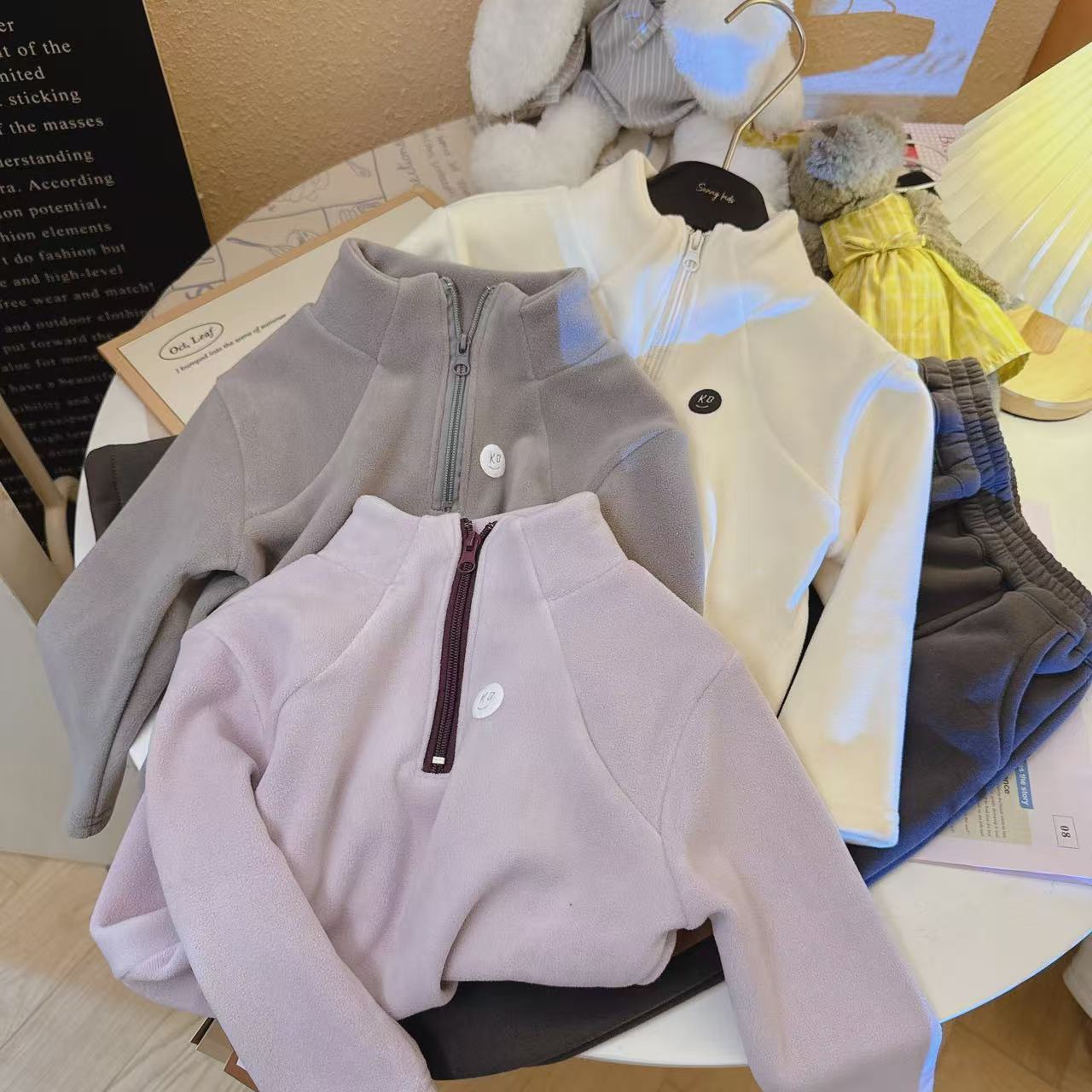 半拉链加绒立领卫衣中大童长袖双面奥粒绒可爱可爱小女孩校服神器