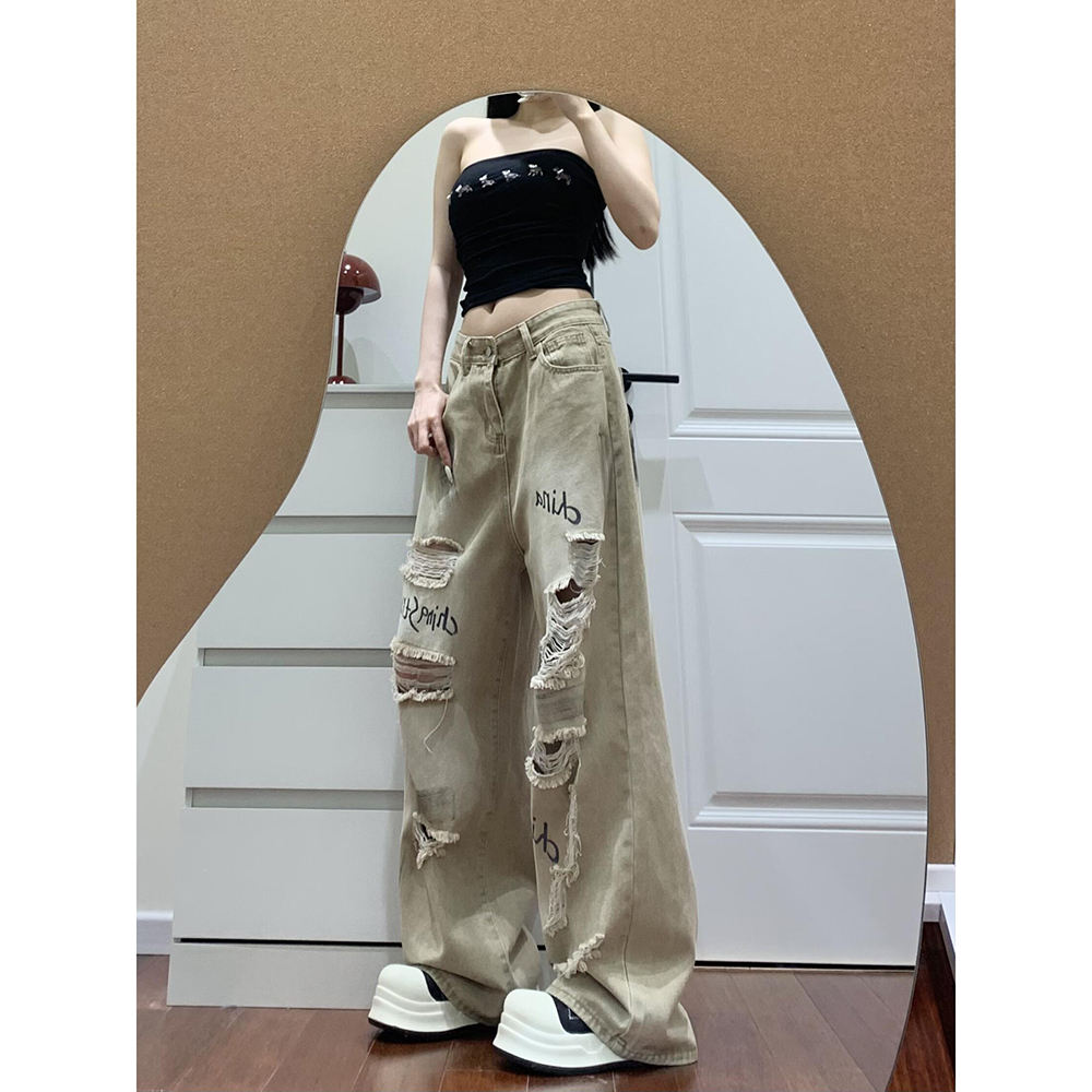 美式复古卡其色脏脏乞丐破洞牛仔裤女夏季高腰直筒阔腿拖地长裤子