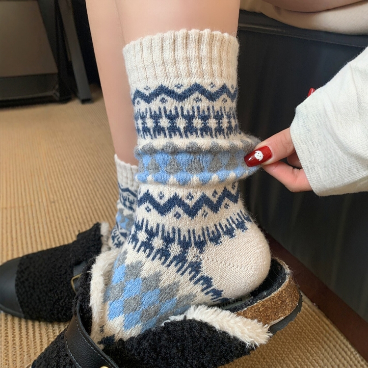 秋冬季5色菱格纹个性保暖棉袜日系北欧风复古民族风厚款堆堆袜子