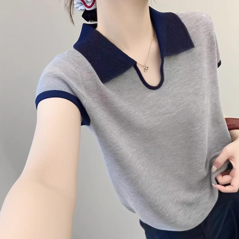 别致翻领撞色小众薄款针织衫上衣女2025夏季新款气质显瘦正肩短袖