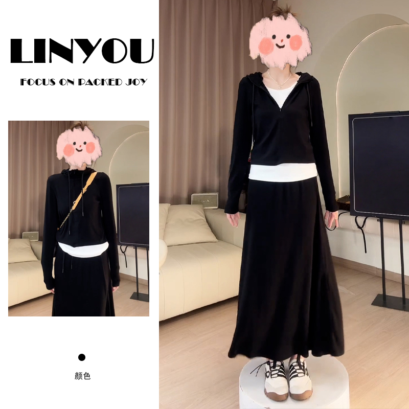 韩版洋气设计感套装女2025年早秋新款连帽长袖上衣+半身裙两件套