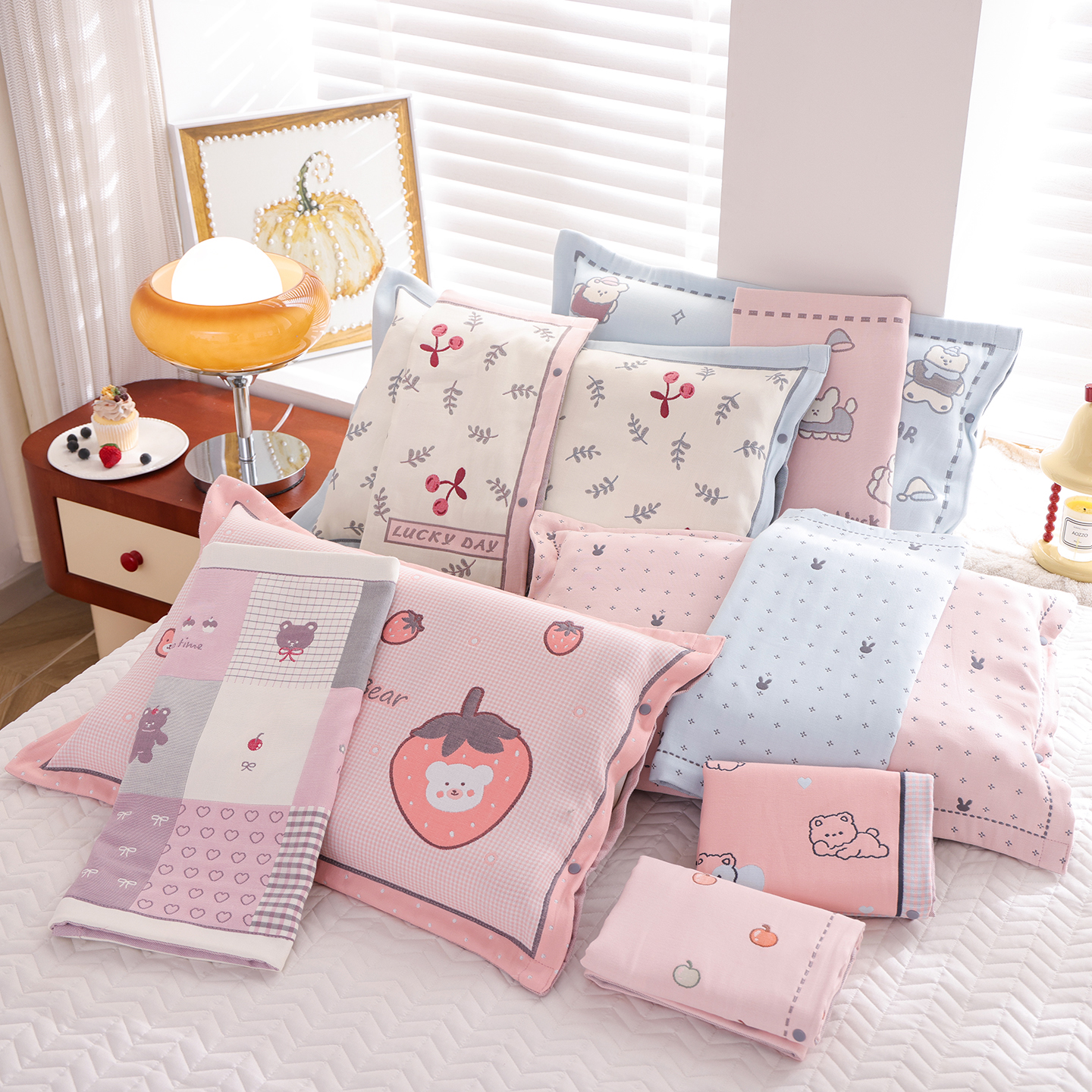 纯棉纱布枕套全棉柔软可爱卡通枕头套一对装中号防脱落枕芯内胆套