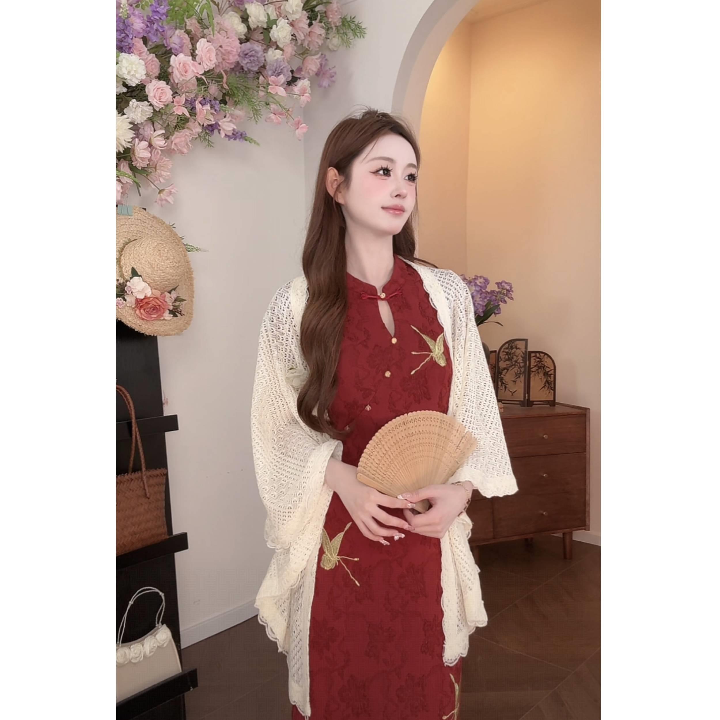 【化蝶红色】七七很芒新中式长袖敬酒服提花刺绣婚礼服旗袍连衣裙女