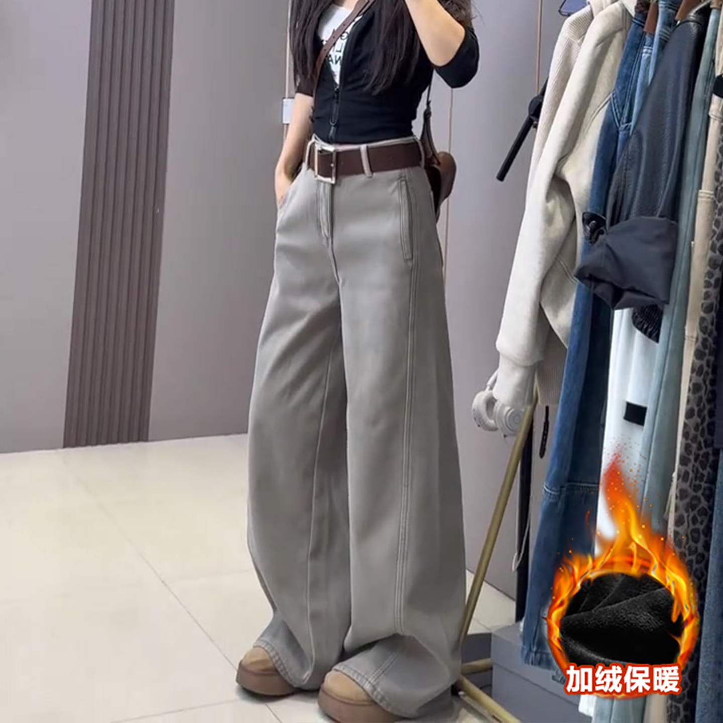大码复古宽松显瘦加绒加厚拖地直筒裤秋冬新款弹力高腰阔腿牛仔裤