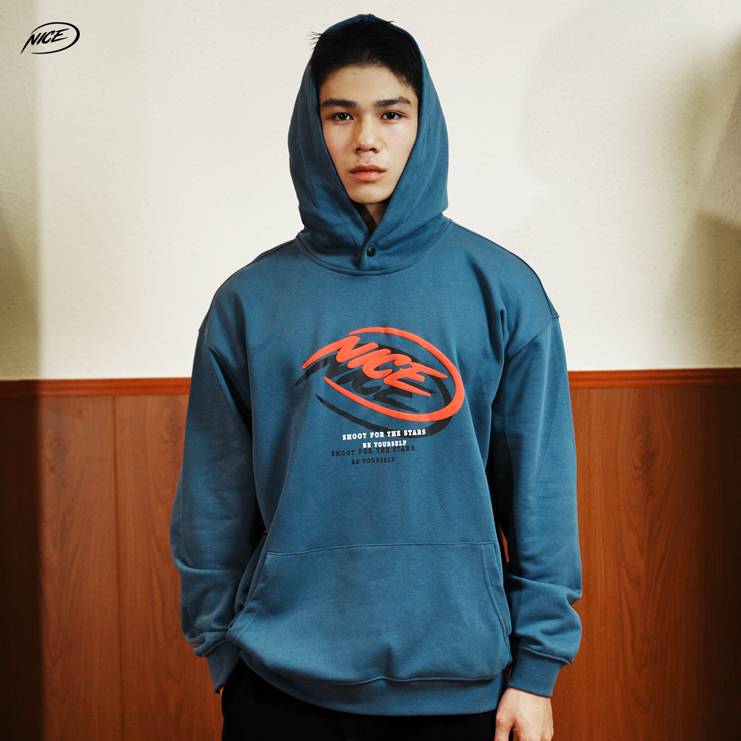 NICEID NICE重影LOGO运动卫衣毛圈款男春秋休闲宽松连帽圆领套头